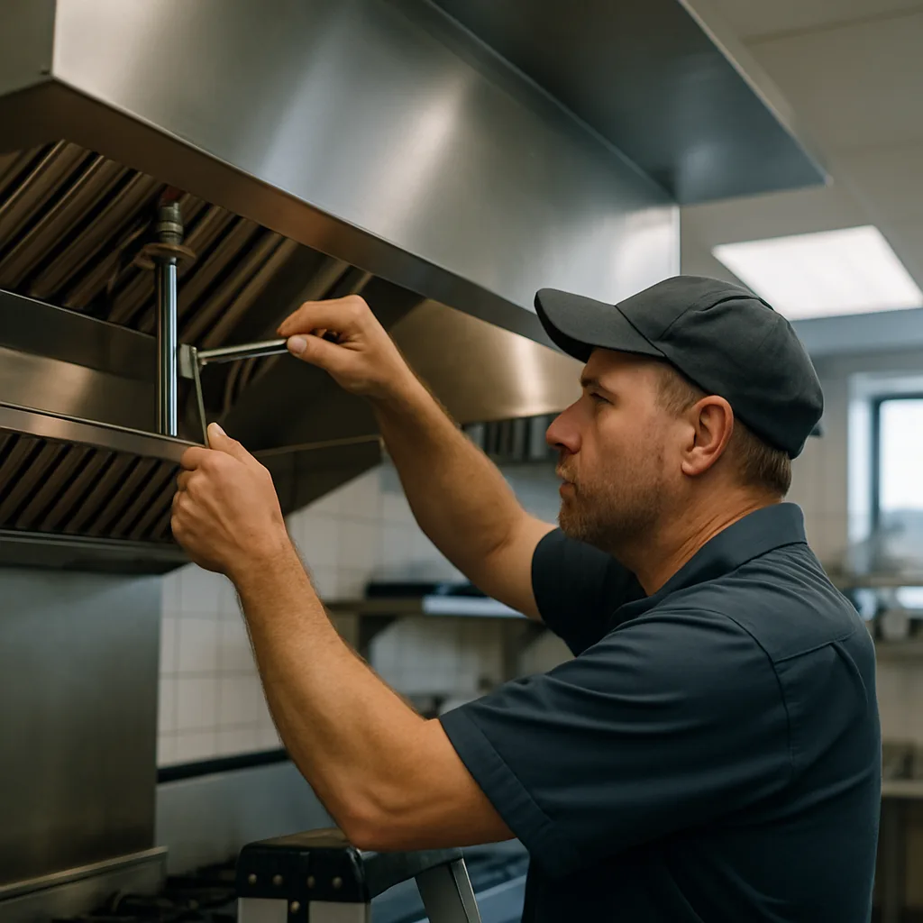 Technician servicing commercial kitchen exhaust hood ventilation system in Sunnyvale