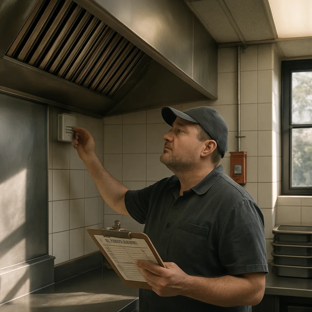 kitchen-staff-checking-ventilation-system-sunnyvale Kitchen manager checking exhaust hood ventilation system in Sunnyvale restaurant