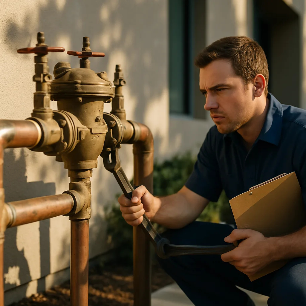 Technician servicing commercial backflow preventer outside Sunnyvale office building