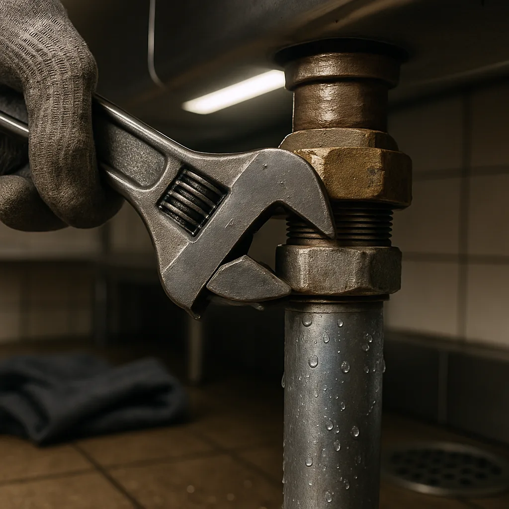 commercial-plumbing-pipe-fitting-repair-kitchen-sunnyvale Wrench tightening pipe fitting under commercial kitchen sink in Sunnyvale