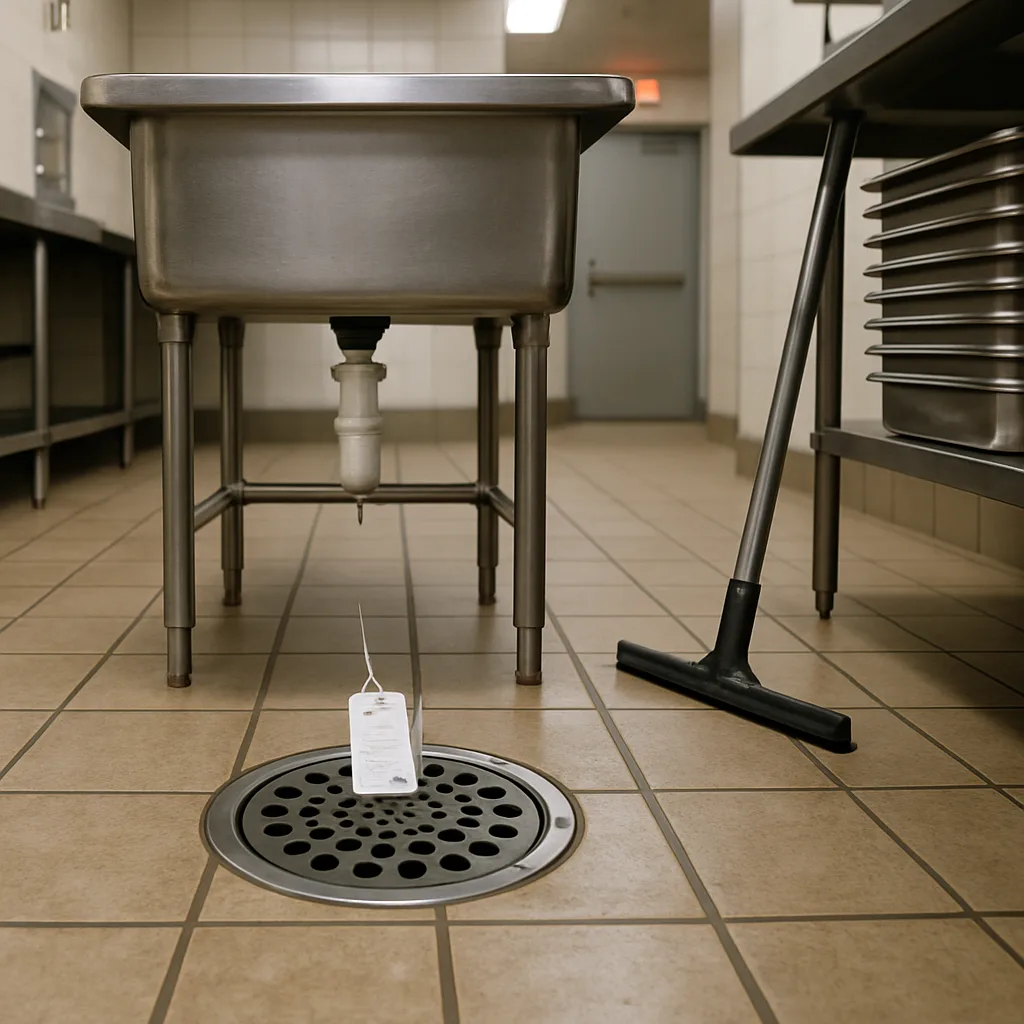 commercial-plumbing-repair-result-drain-sunnyvale Clear floor drain after commercial plumbing repair in Sunnyvale kitchen