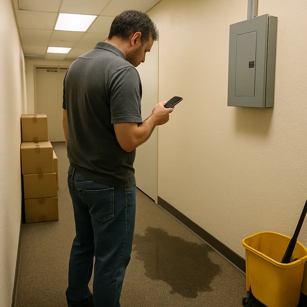 commercial-plumbing-emergency-leak-sunnyvale-business Business owner noticing water leak near electrical panel in Sunnyvale