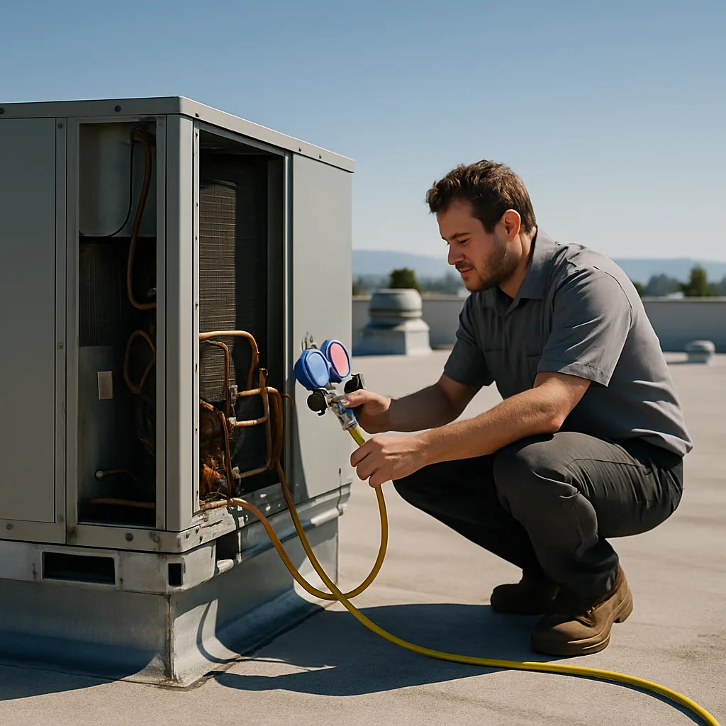 Technician inspects rooftop HVAC unit during commercial preventive maintenance in Sunnyvale