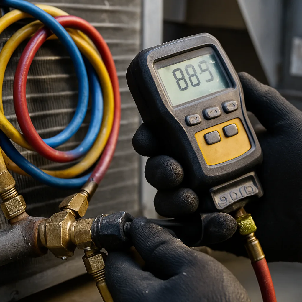 commercial-preventive-maintenance-refrigerant-gauge-check-sunnyvale Close-up of refrigerant gauges on HVAC unit during Sunnyvale maintenance inspection