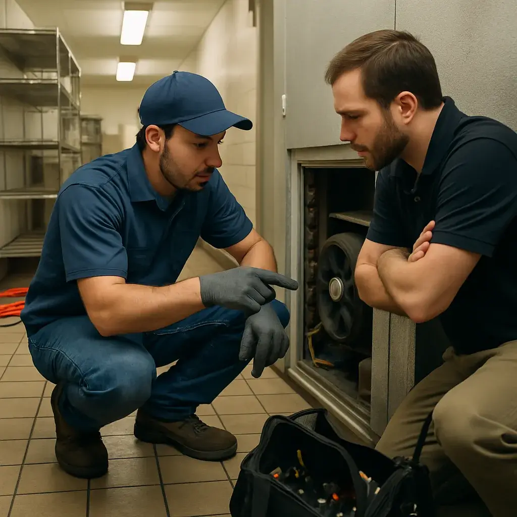 HVAC contractor explaining commercial refrigeration repair to manager in Sunnyvale kitchen