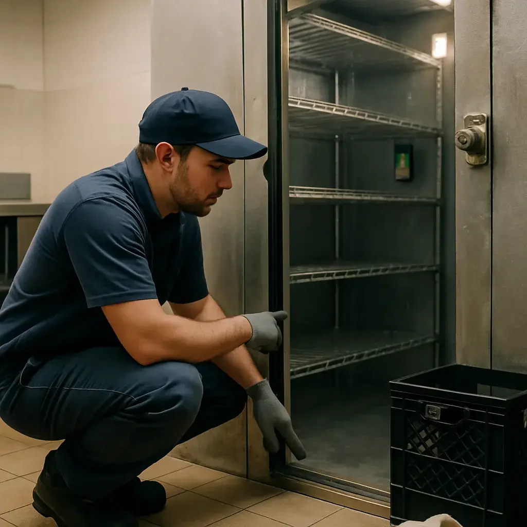 Technician inspecting walk-in cooler door seal for commercial refrigeration repair in Sunnyvale