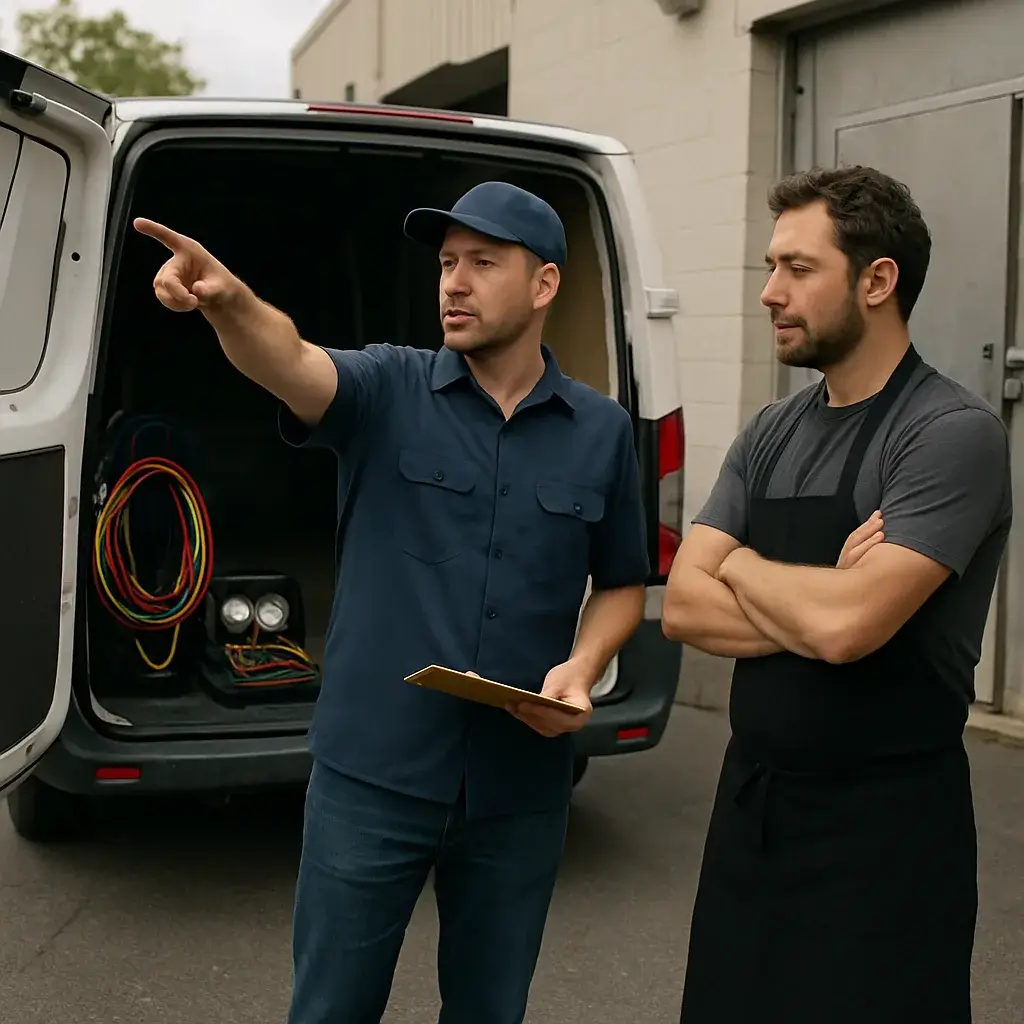 Refrigeration technician explaining service radius limits to restaurant manager outside cooler
