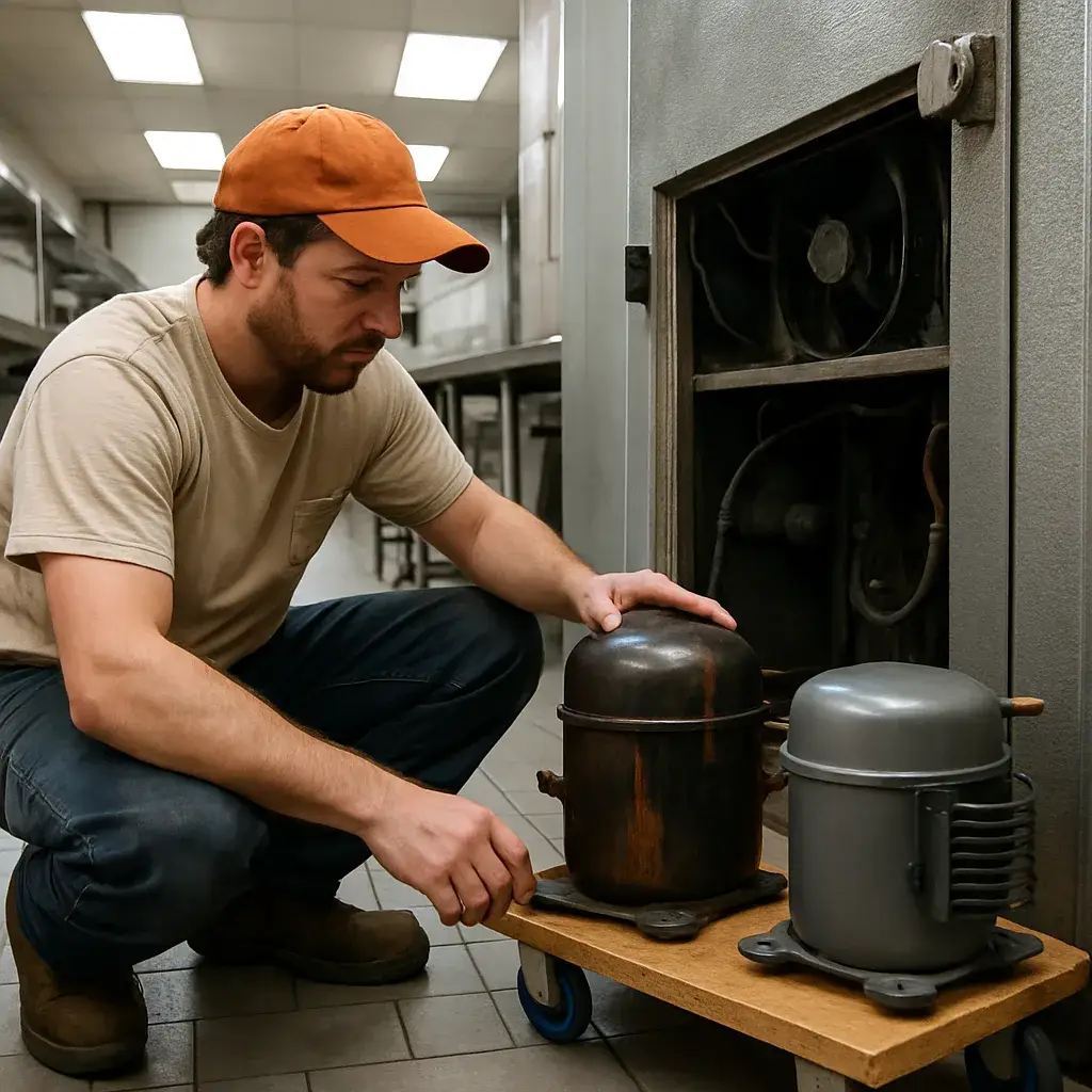 Technician comparing old and new commercial refrigeration compressor units in Sunnyvale kitchen