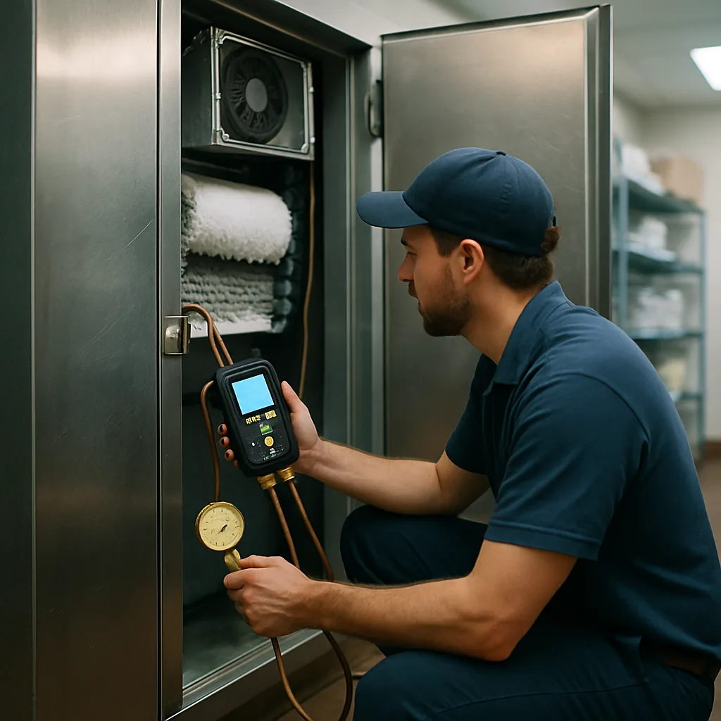 Technician checking frosted coil on commercial walk-in cooler in Sunnyvale restaurant