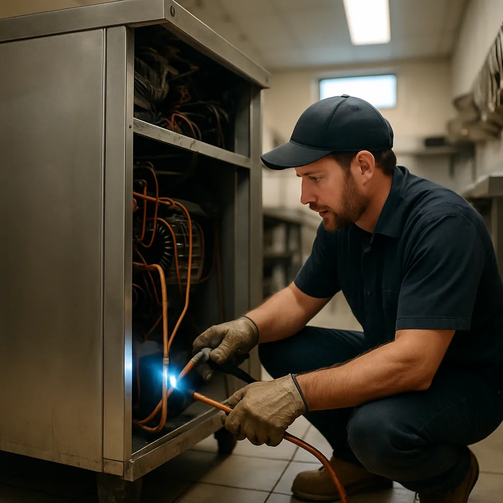 Technician brazing copper line during commercial refrigeration installation in Sunnyvale kitchen
