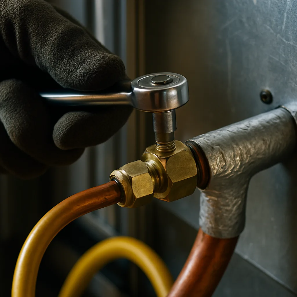 refrigeration-installation-copper-flare-fitting-detail-sunnyvale Close-up of technician tightening flare fitting during refrigeration installation Sunnyvale