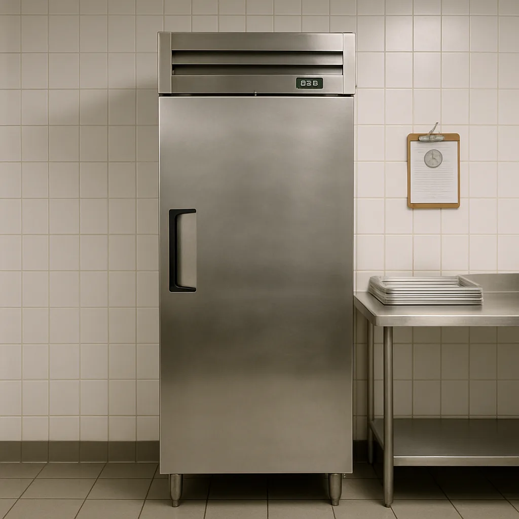 commercial-refrigeration-installation-finished-unit-sunnyvale Finished commercial refrigerator installation in clean Sunnyvale kitchen setting