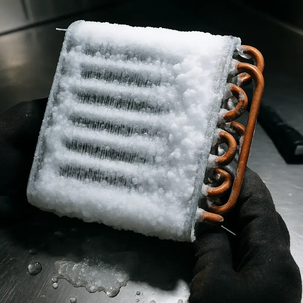 commercial-refrigeration-evaporator-coil-ice-buildup-closeup Frost-covered evaporator coil from commercial refrigeration freezer repair in Sunnyvale
