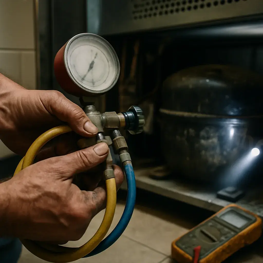 Technician's hands on refrigeration gauge manifold beside commercial ice machine compressor