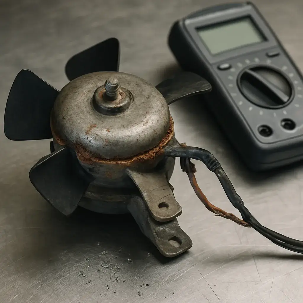 commercial-refrigeration-failed-fan-motor-failure-pattern Corroded commercial refrigeration fan motor on workbench during Sunnyvale repair diagnosis