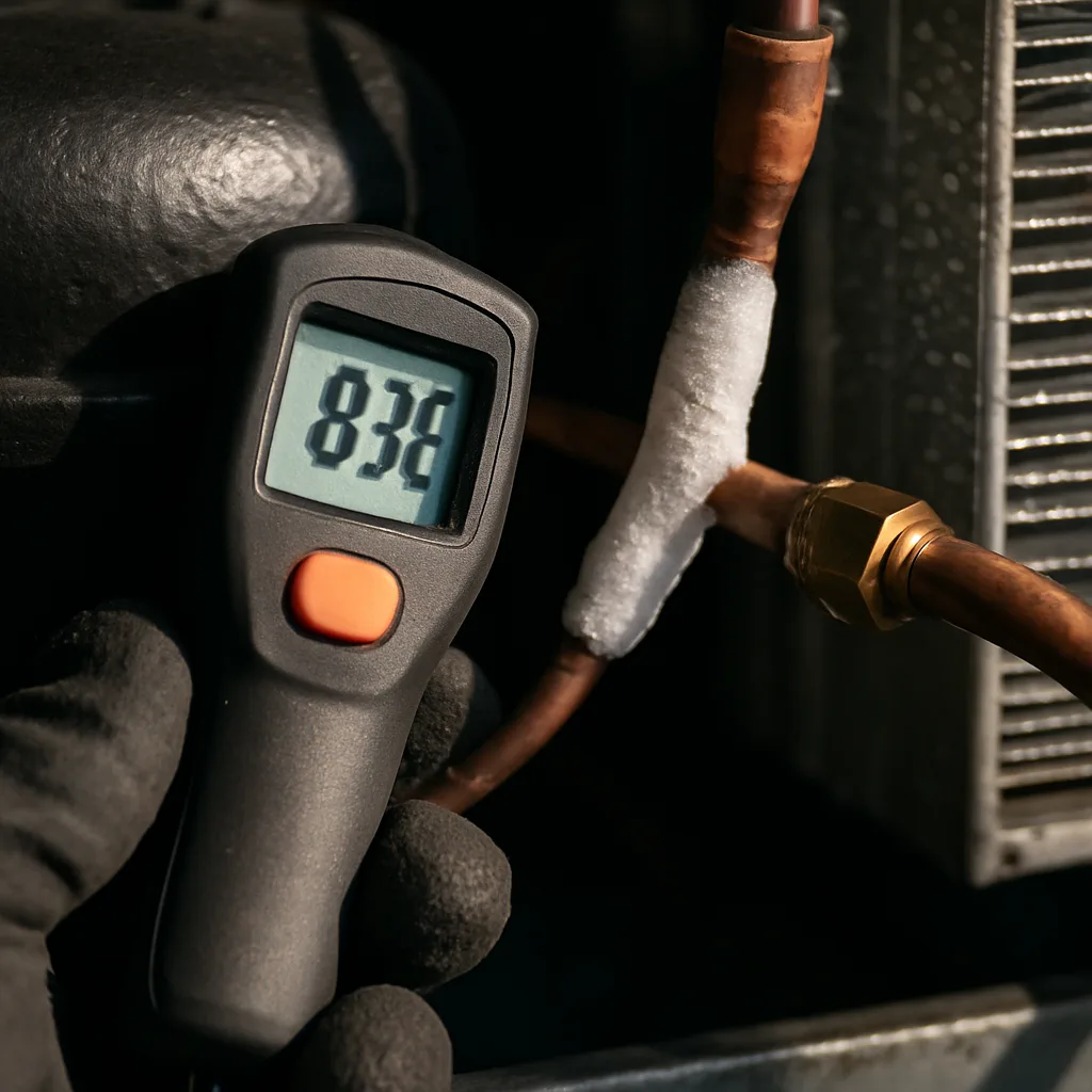 commercial-refrigeration-gauge-copper-line-sunnyvale Close-up gauge reading on frosted copper line, refrigeration repair in Sunnyvale