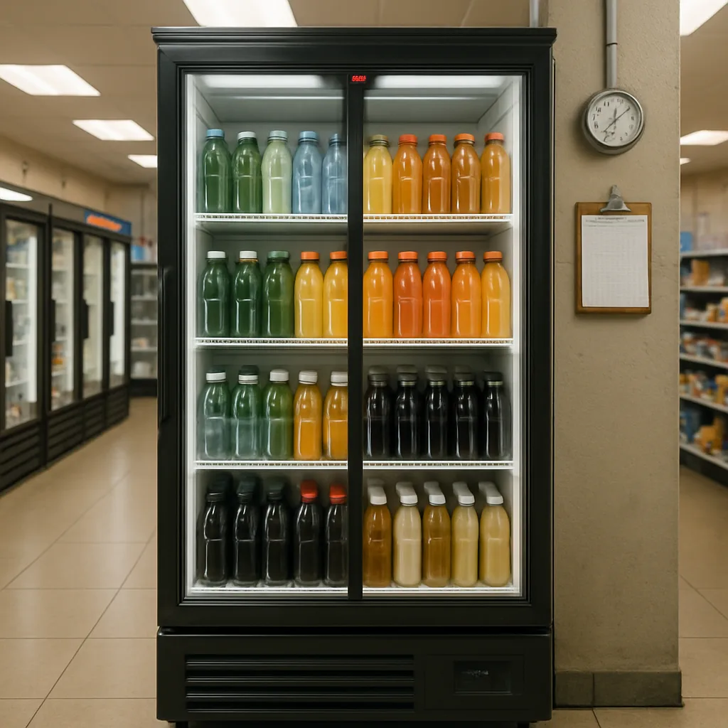commercial-refrigeration-repair-completed-cooler-sunnyvale Repaired commercial cooler running clear and frost-free in Sunnyvale store