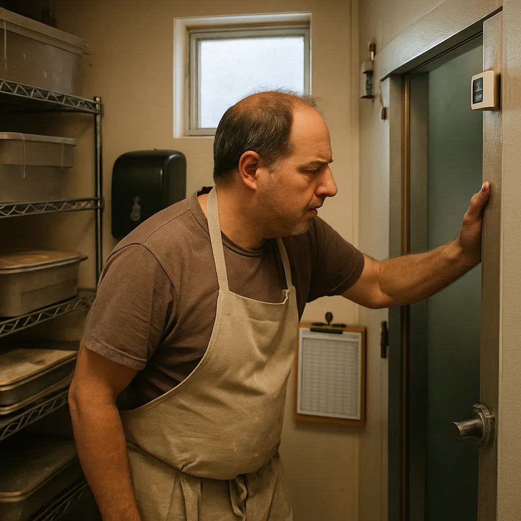 commercial-refrigeration-symptom-check-bakery-sunnyvale Bakery owner checking cooler thermometer reading in Sunnyvale kitchen