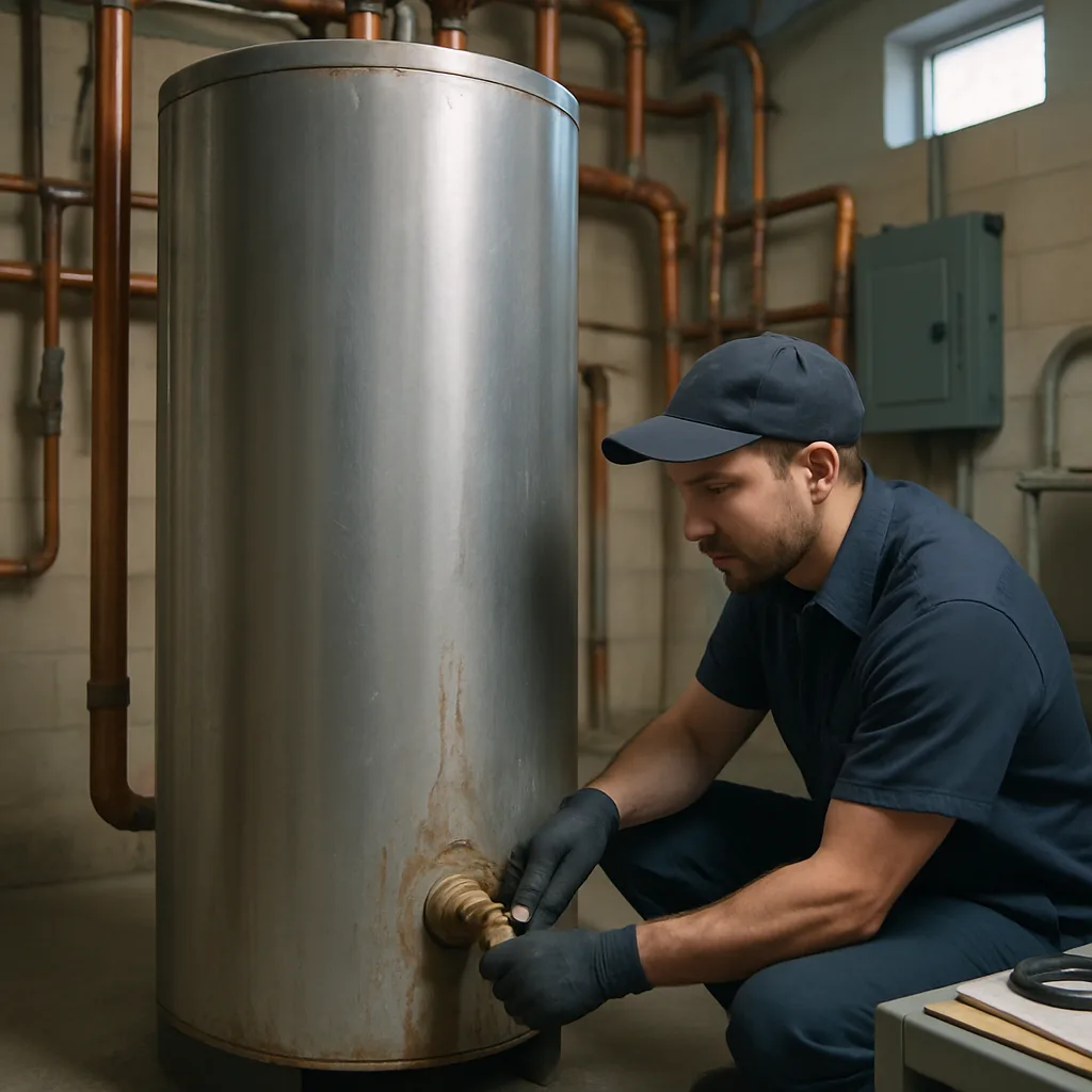 Technician repairing corroded commercial water heater valve in Sunnyvale mechanical room