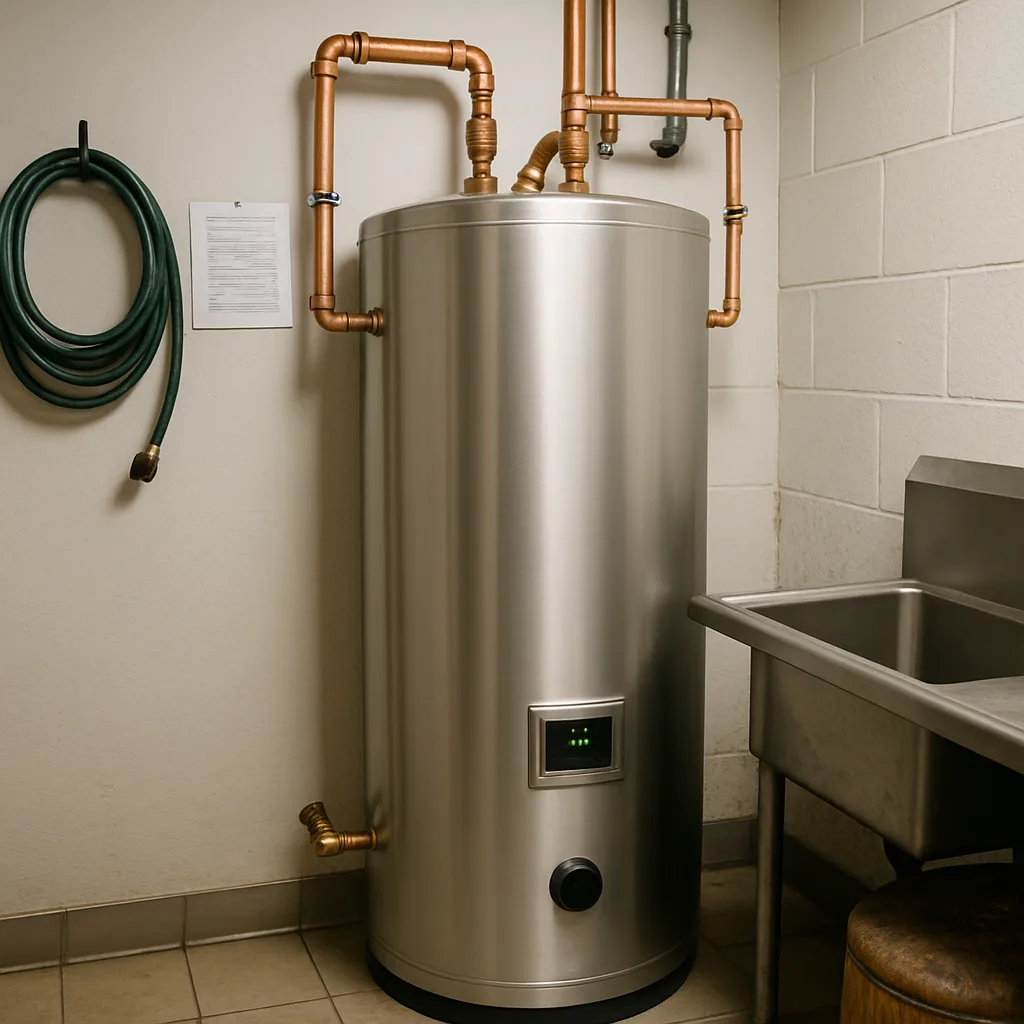 commercial-water-heater-installation-result-sunnyvale Newly installed commercial water heater tank in Sunnyvale restaurant utility room