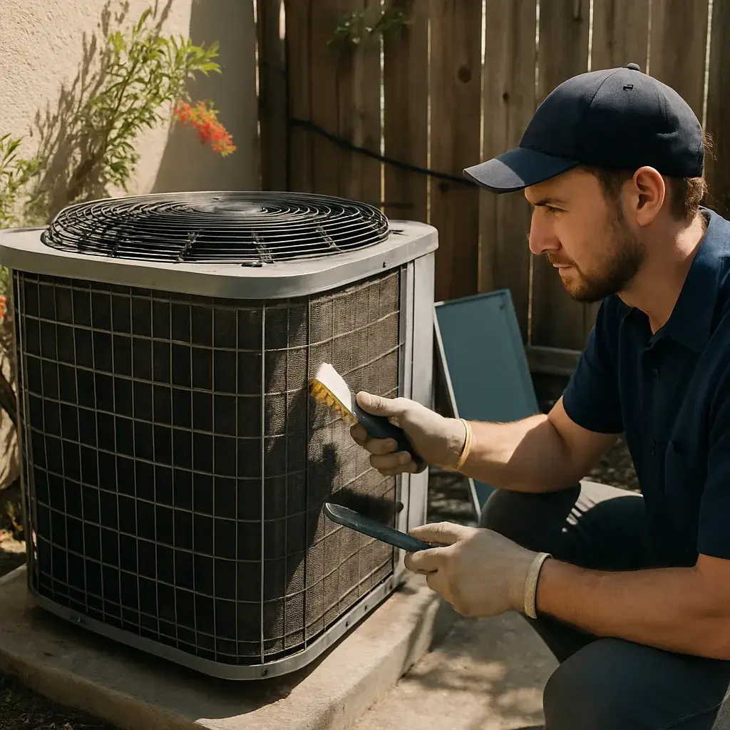 Technician cleaning condenser coil fins on outdoor AC unit in Sunnyvale home
