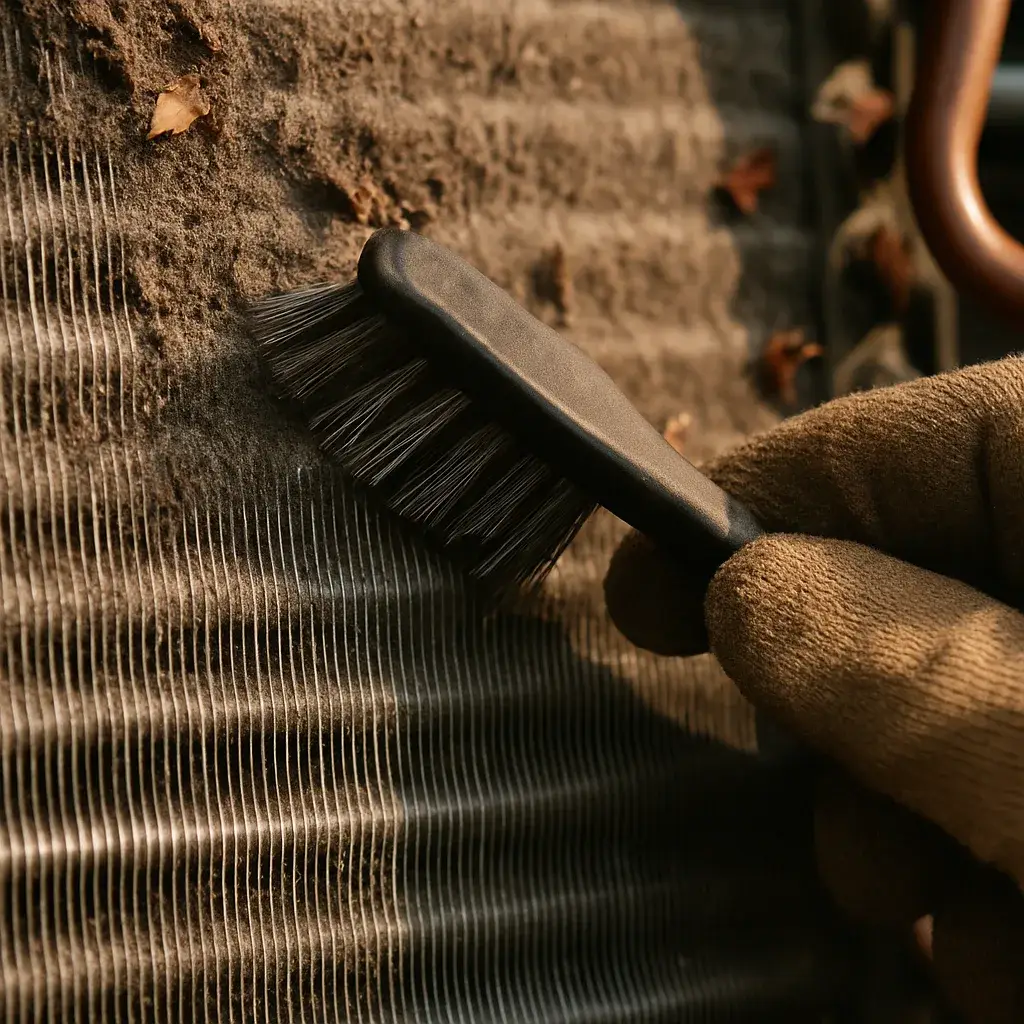 condenser-coil-fins-dust-cleaning-closeup-sunnyvale Close-up of dusty condenser coil fins being brushed clean in Sunnyvale AC unit