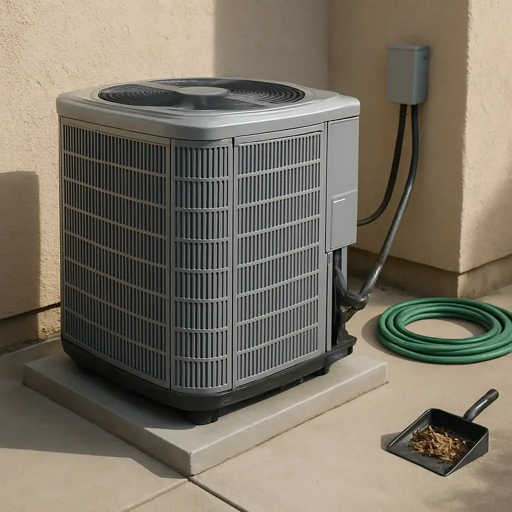 condenser-coil-cleaning-finished-result-sunnyvale Clean condenser unit with bright fins after coil cleaning service in Sunnyvale