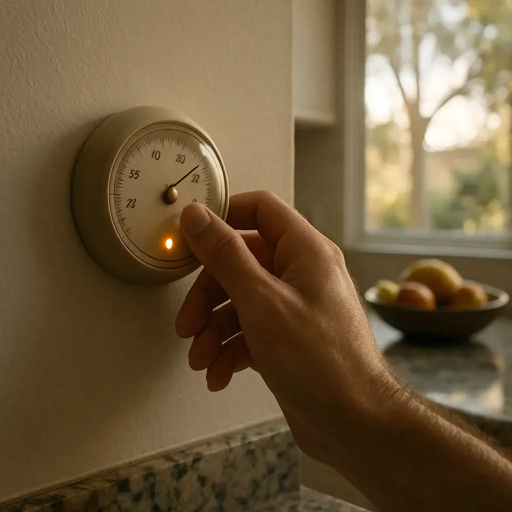 thermostat-warm-air-sign-condenser-coil-sunnyvale Homeowner adjusting thermostat noticing warm air despite AC running in Sunnyvale