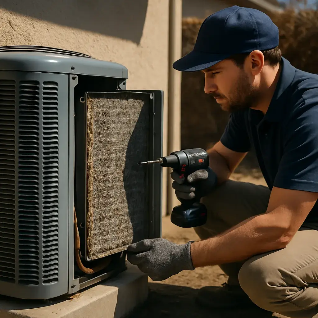 Technician replacing corroded condenser coil on outdoor AC unit in Sunnyvale