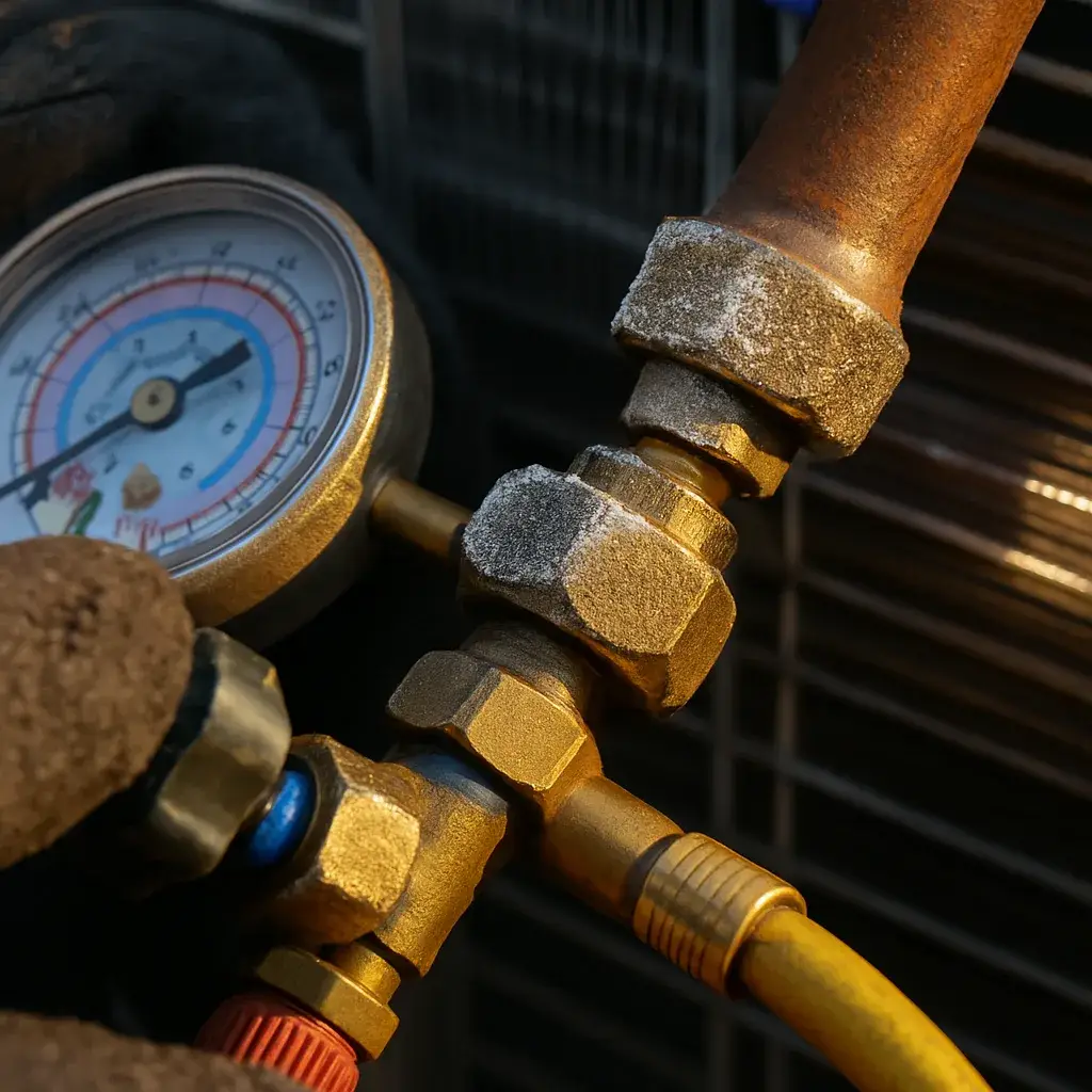 refrigerant-gauge-condenser-coil-service-sunnyvale Close-up of refrigerant gauges connected to condenser coil service ports