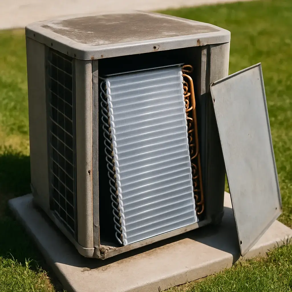 new-condenser-coil-installed-result-sunnyvale New condenser coil installed inside outdoor AC unit cabinet in Sunnyvale