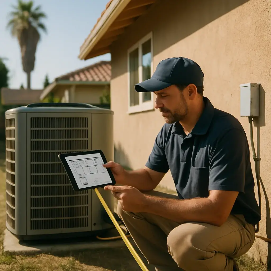 HVAC technician performing cooling load calculation at Sunnyvale home condenser unit