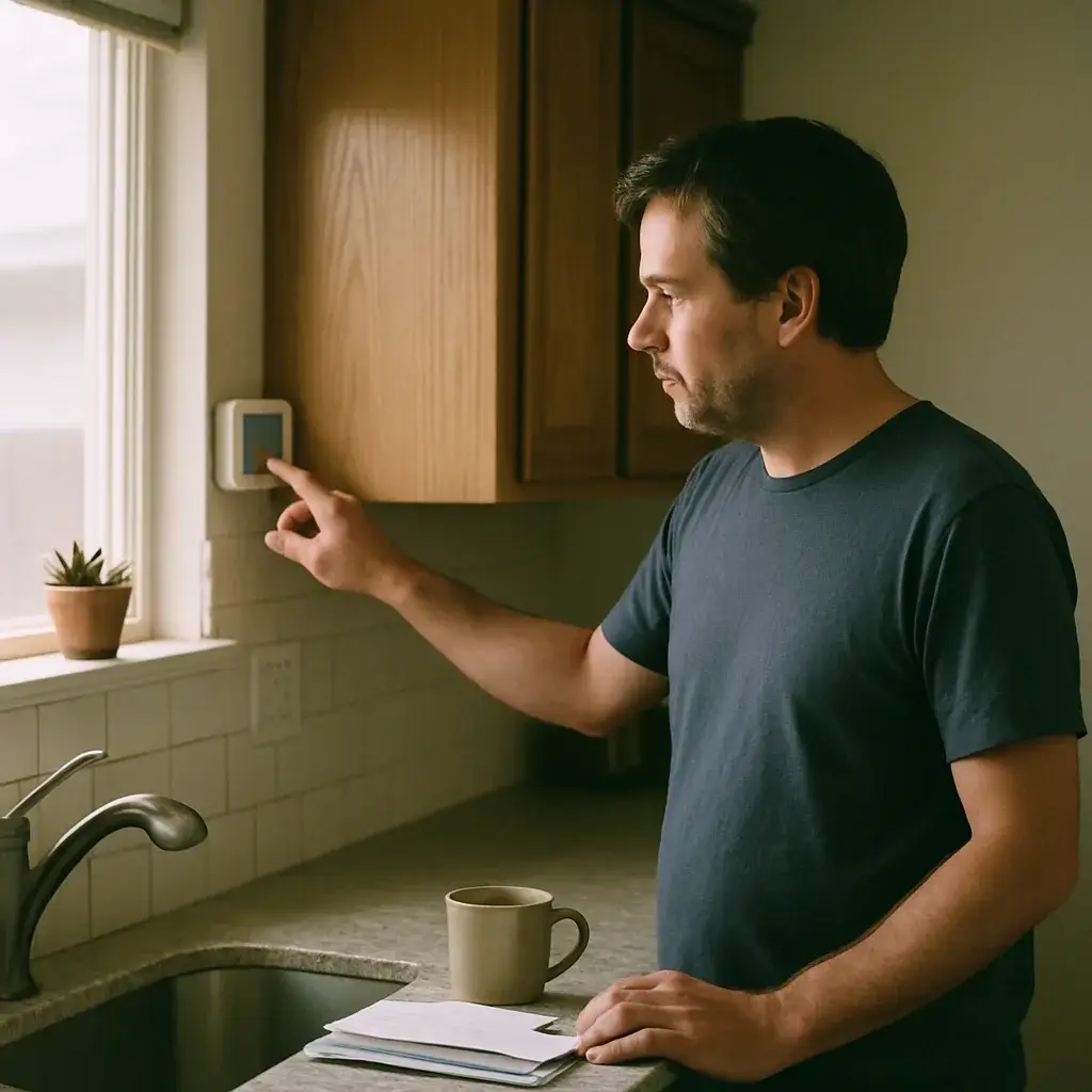 Homeowner checking thermostat after cooling load calculation in Sunnyvale kitchen