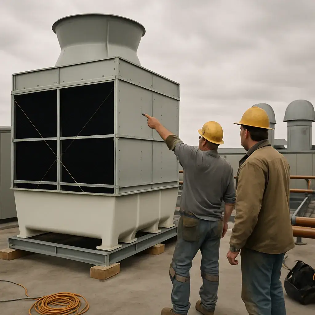 Crew installing cooling tower on rooftop, discussing job in Sunnyvale