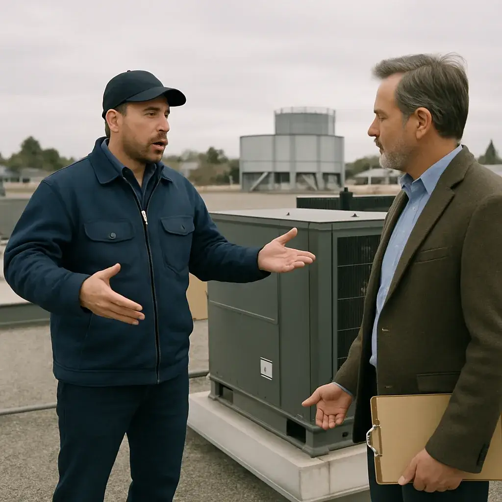 HVAC contractor explains cooling tower fit to building manager on small office roof