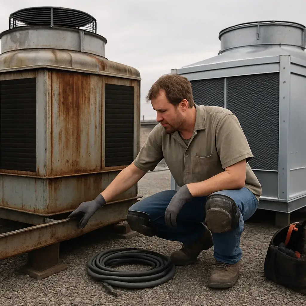 HVAC contractor comparing old and new cooling tower units during Sunnyvale installation