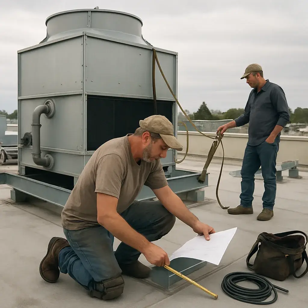 HVAC contractor checking cooling tower sizing during rooftop installation in Sunnyvale