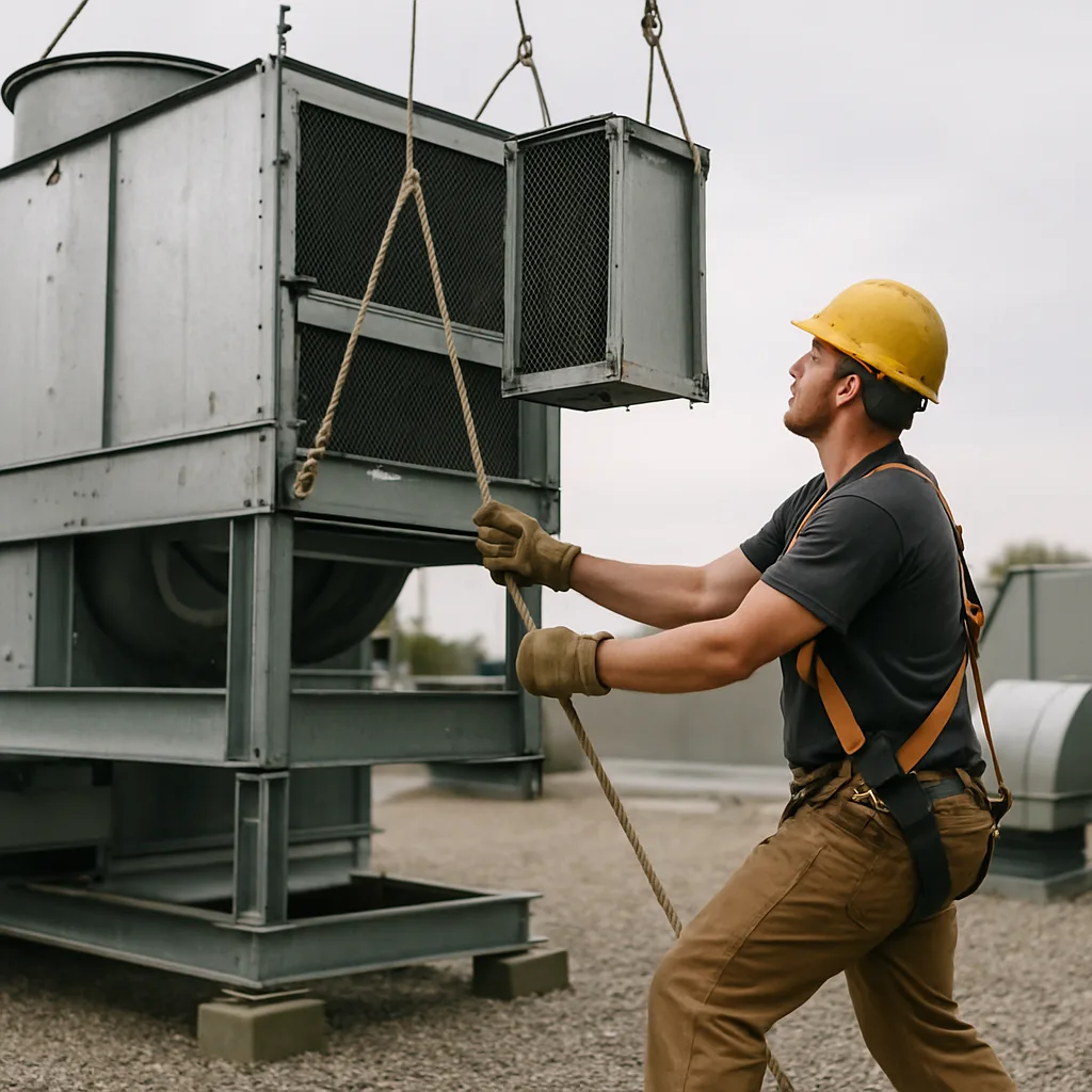Technician guiding cooling tower installation on Sunnyvale commercial rooftop with crane rigging