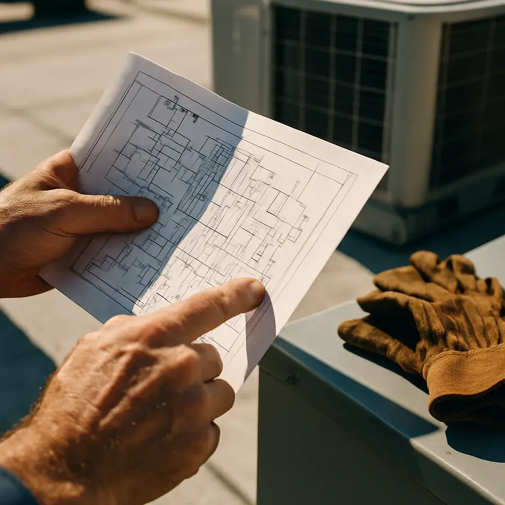 cooling-tower-installation-site-check-mechanical-schematic Contractor checks building schematic before cooling tower installation site assessment