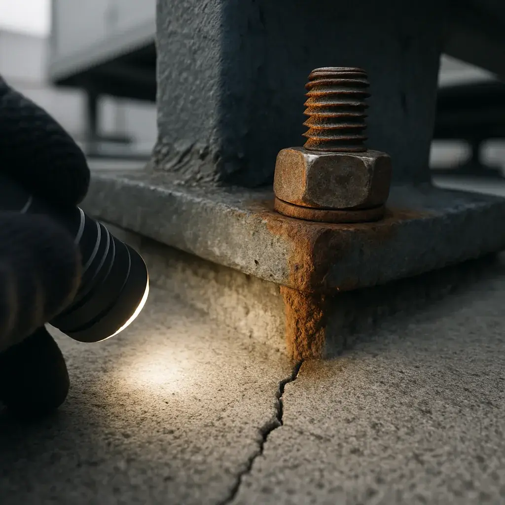 cooling-tower-installation-structural-pad-anchor-corrosion Corroded anchor bolt and cracked pad found during cooling tower installation prep