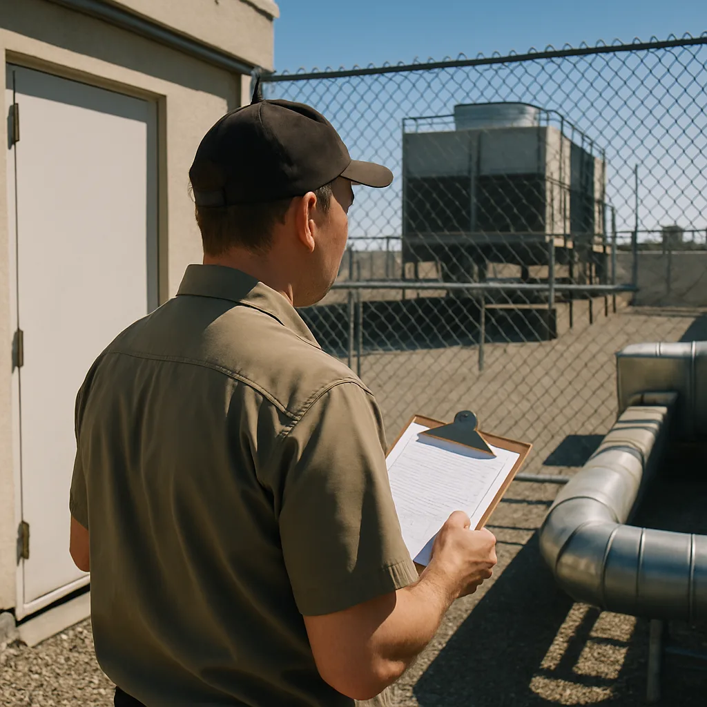 facilities-manager-cooling-tower-review-sunnyvale Facilities manager reviewing rooftop cooling tower equipment condition in Sunnyvale office building
