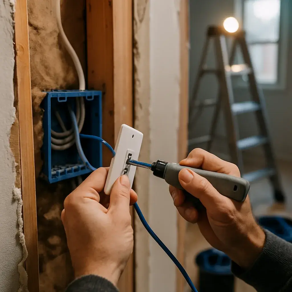 Technician running Cat6 data wiring through wall box in Sunnyvale home renovation