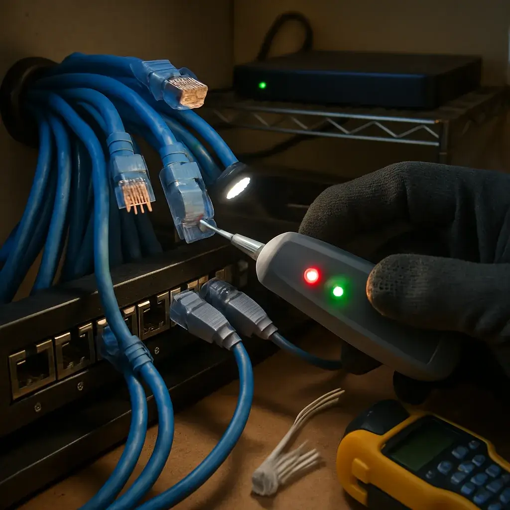 data-wiring-cat6-cable-tester-closeup-sunnyvale Close-up of cable tester checking Cat6 wiring connection in Sunnyvale utility closet