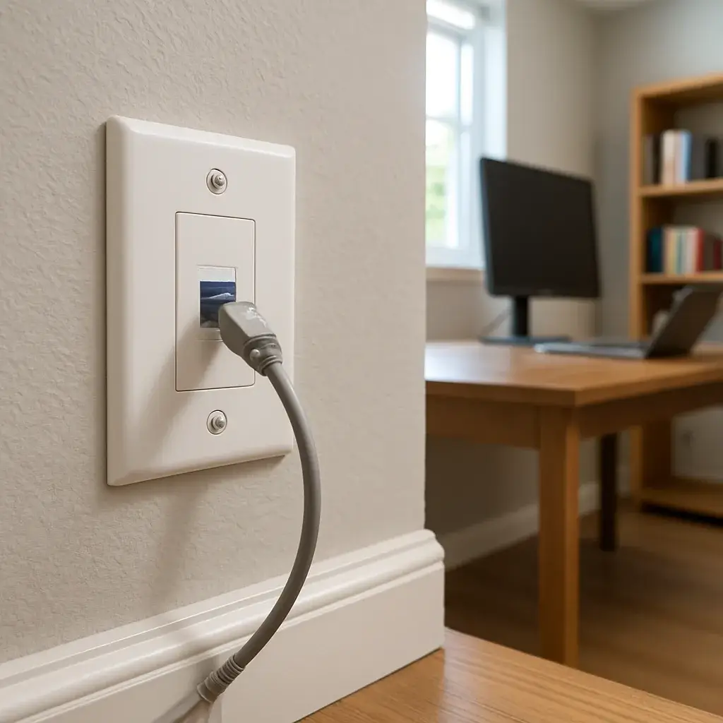 data-wiring-finished-outlet-home-office-sunnyvale Finished Cat6 wall outlet installed in Sunnyvale home office after wiring job