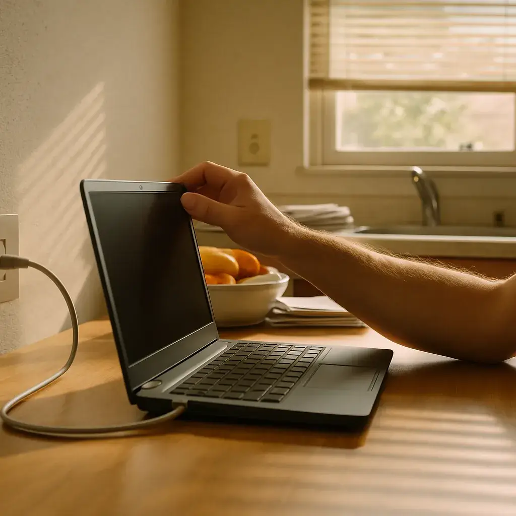 data-wiring-home-laptop-connection-sunnyvale Homeowner using wired laptop connection at kitchen table in Sunnyvale house