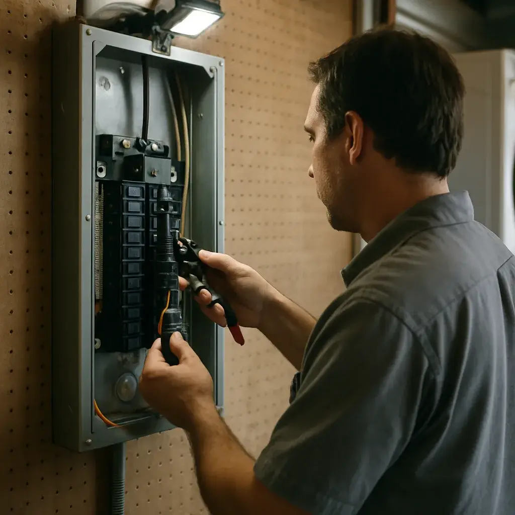 Electrician installing dedicated circuit breaker in home panel in Sunnyvale