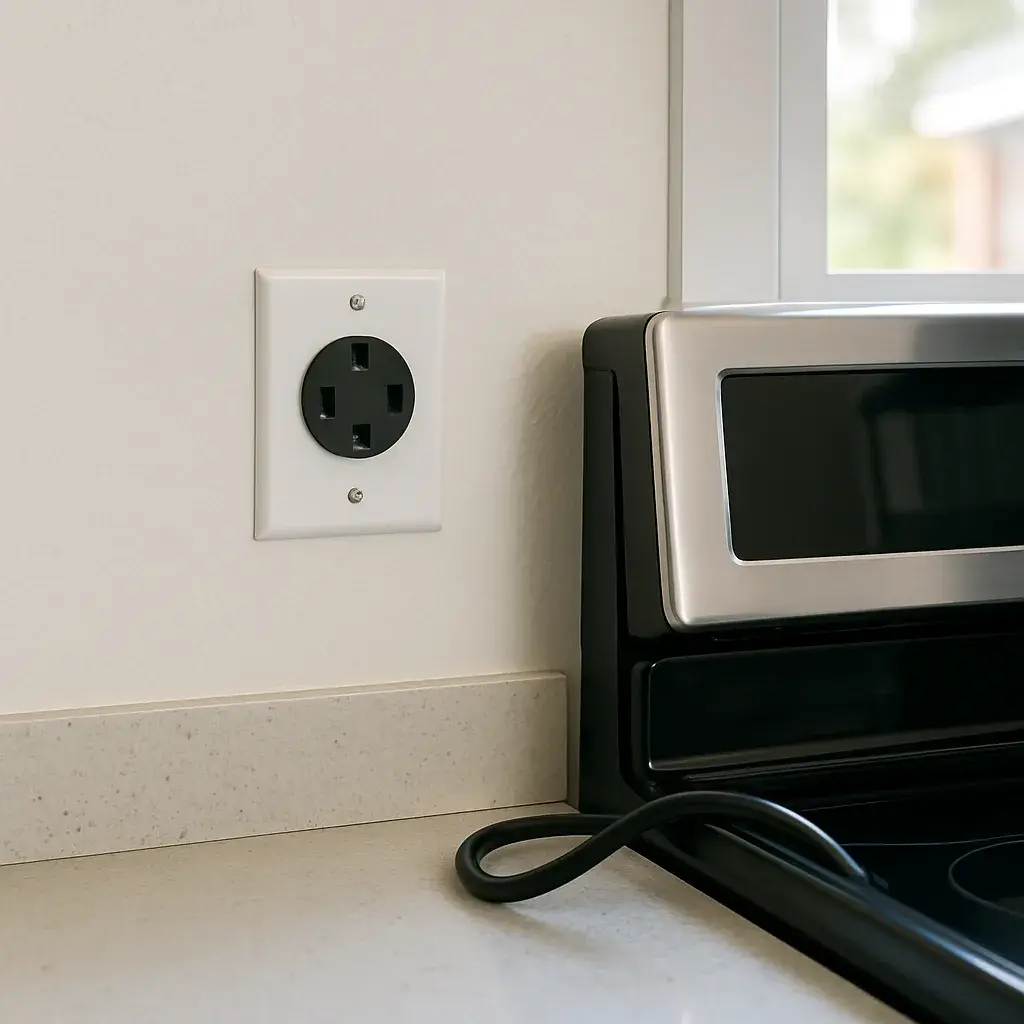 dedicated-circuit-installation-finished-outlet-sunnyvale-kitchen Finished 240-volt outlet after dedicated circuit installation in Sunnyvale kitchen
