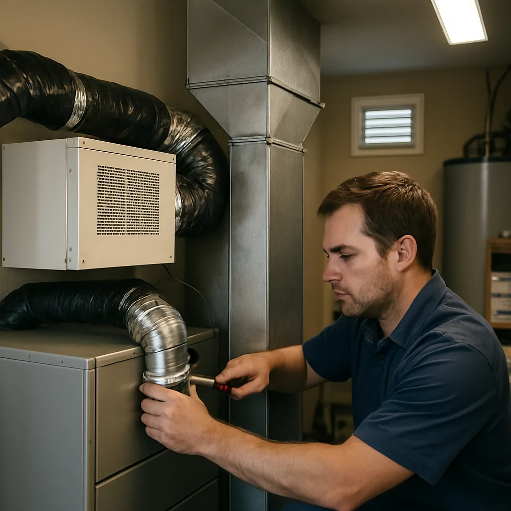 Technician installing ducted dehumidifier ductwork in Sunnyvale building utility closet