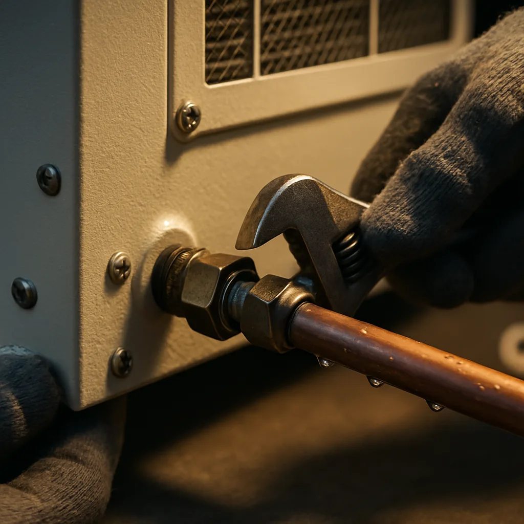 Close-up of condensate drain line connection on ducted dehumidifier in Sunnyvale