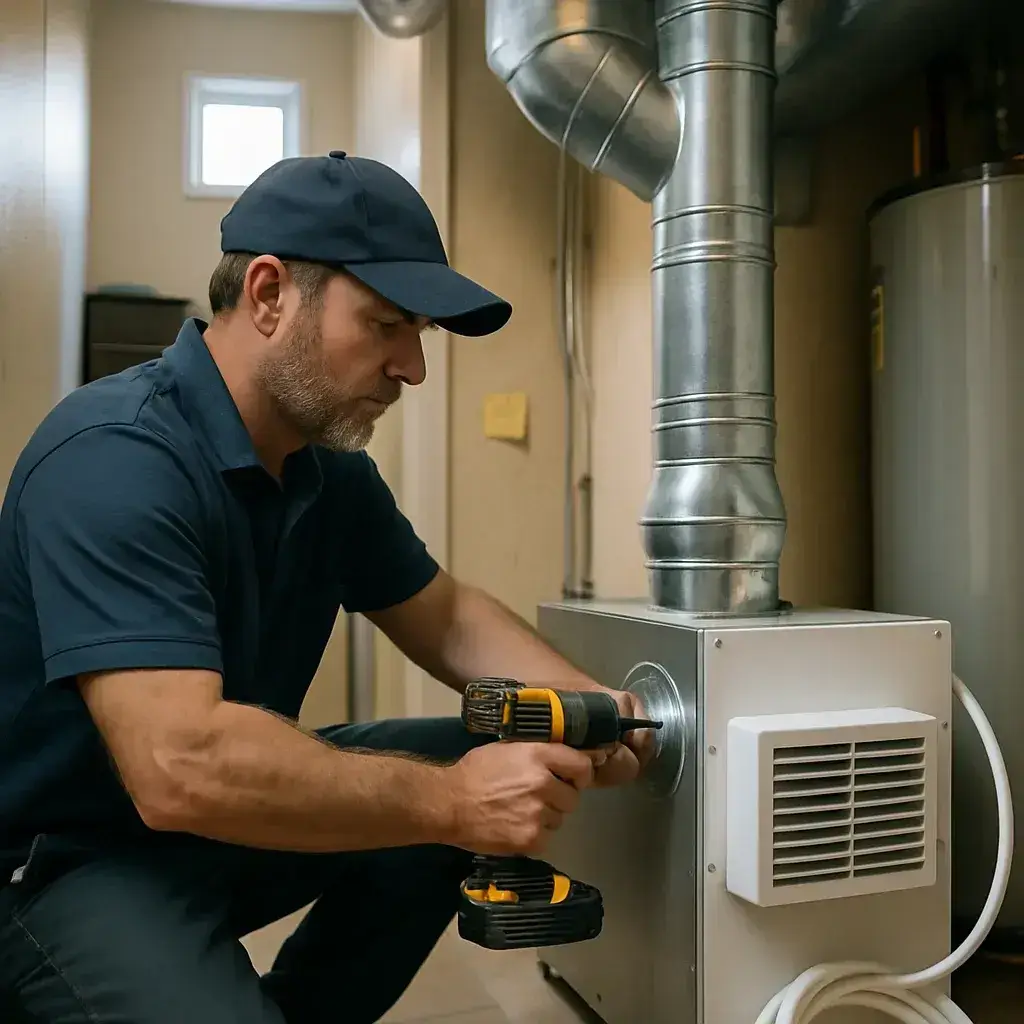 Contractor installing whole-home dehumidifier onto ductwork in Sunnyvale home utility closet